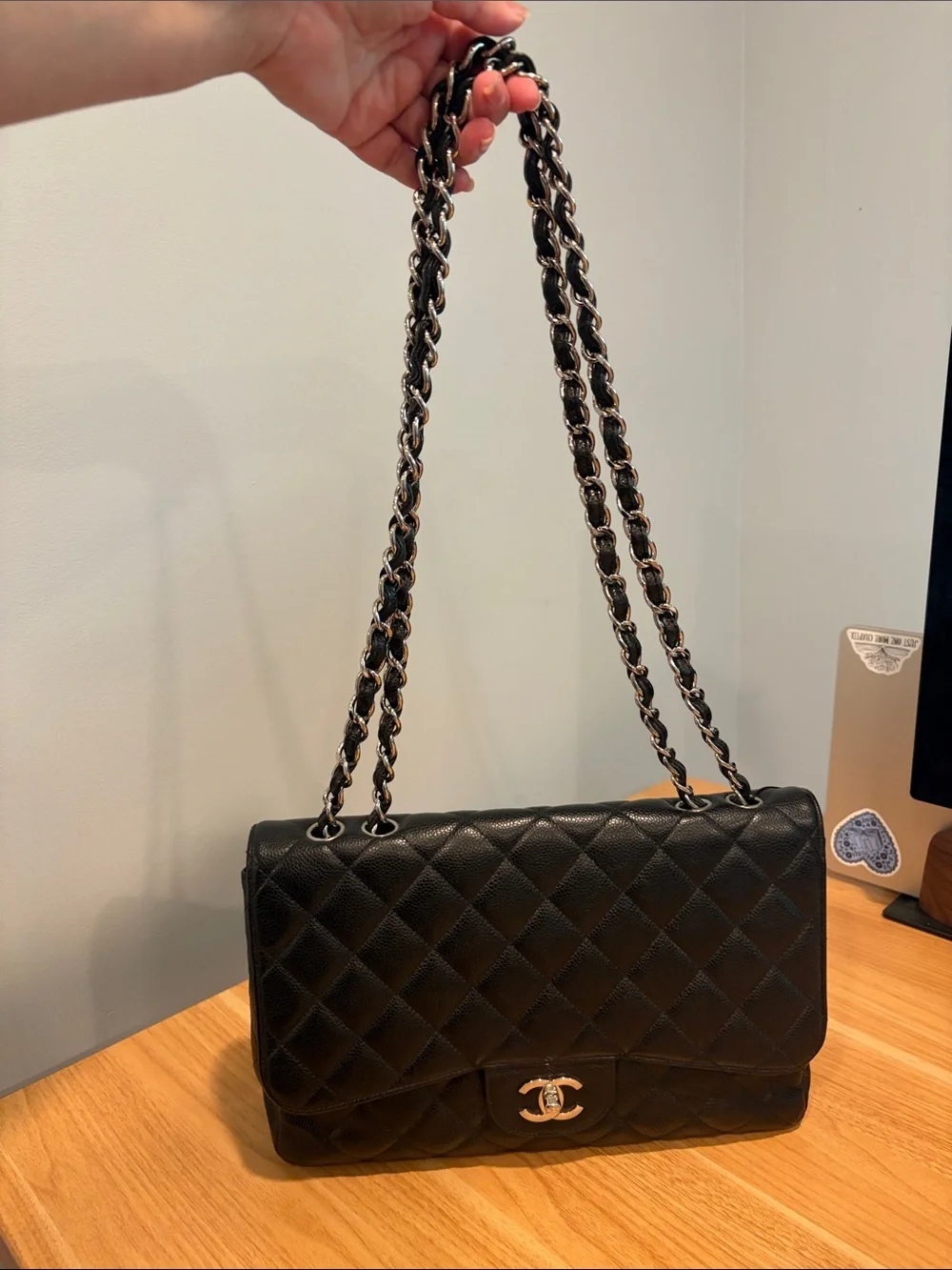 Pre-Loved CHANEL Black Caviar Leather Jumbo Single Flap with Silver Hardware